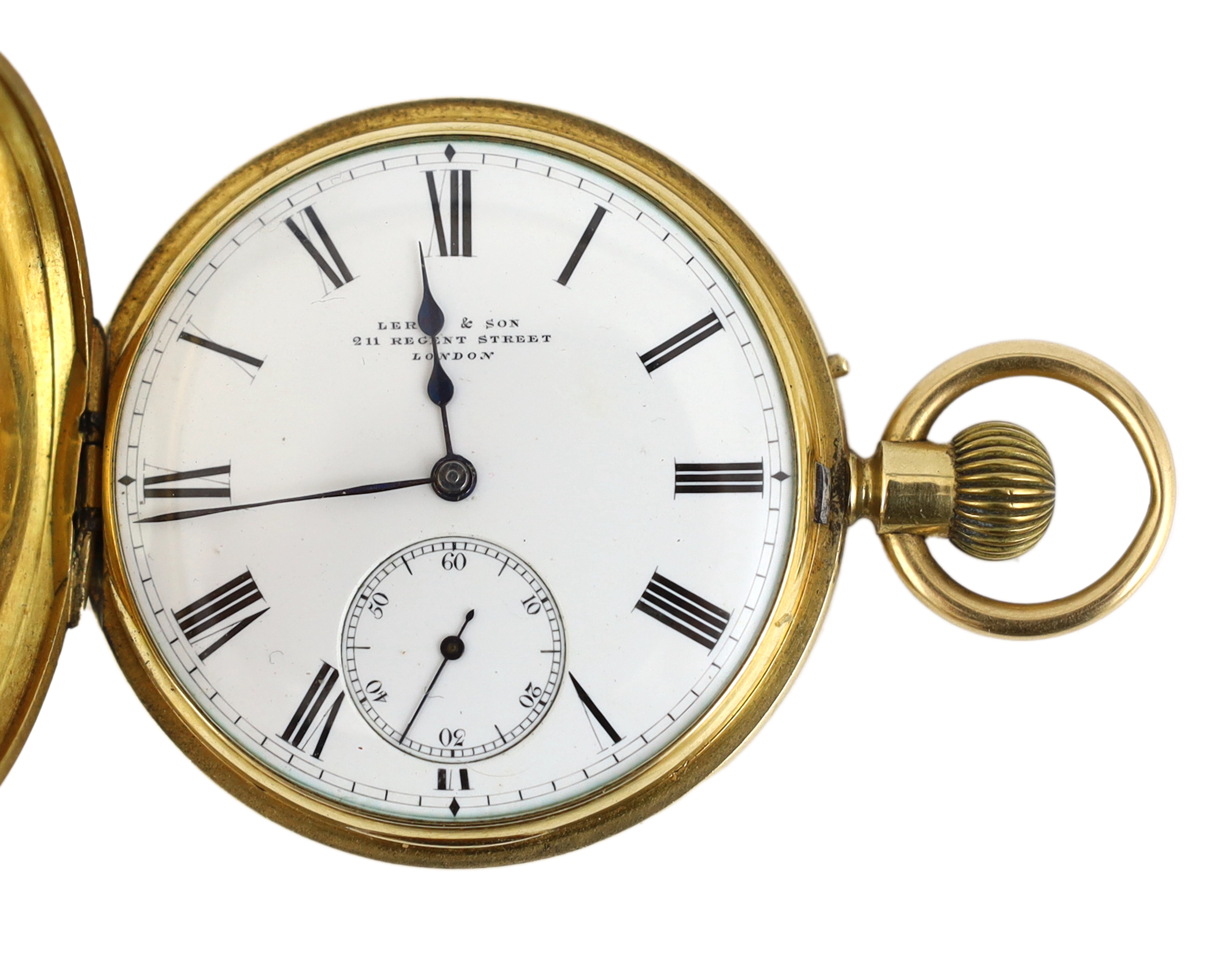 A Victorian 18ct gold keyless half hunter pocket watch by Leroy & Son